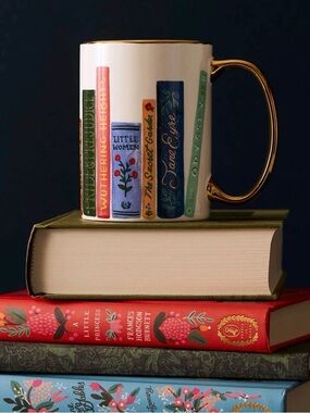 Rifle Paper Co. Gold-Handled Ceramic Mug - “Bookclub” Book Spine Art
